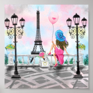 Affiche Jolie dame au ballon de coeur rose - I Love Paris