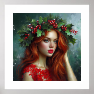Affiche Jolie dame en rouge avec feuilles de houx