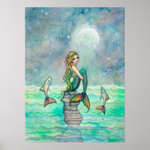 Affiche Jolie Douce Sirène et Poisson Fantaisie Artistique