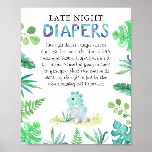 Affiche Jolie douche bébé garçon dinosaure 'Couche de nuit (Devant)