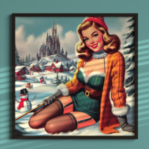 Affiche Jolie épinglette rétro hiver pin-up