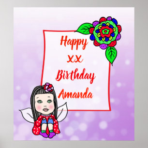 Affiche Jolie fée caucasienne Joyeux Anniversaire