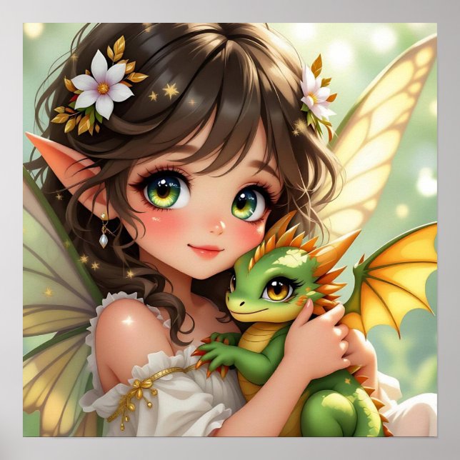 Affiche Jolie fée d'anime et dragon Chibi  (Devant)