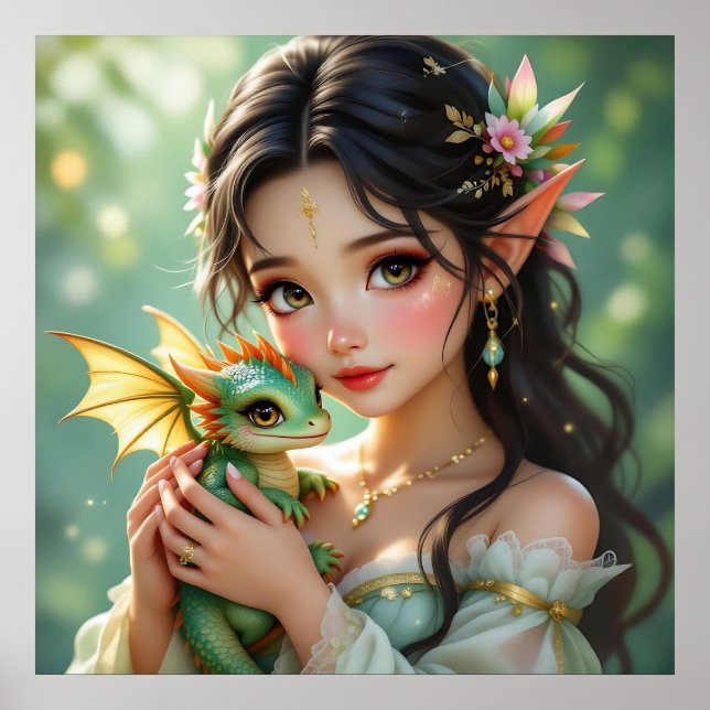 Affiche Jolie Fée Elfe & Dragon  (Devant)