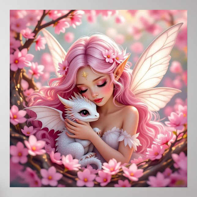 Affiche Jolie fée elfe rose et dragon  (Devant)