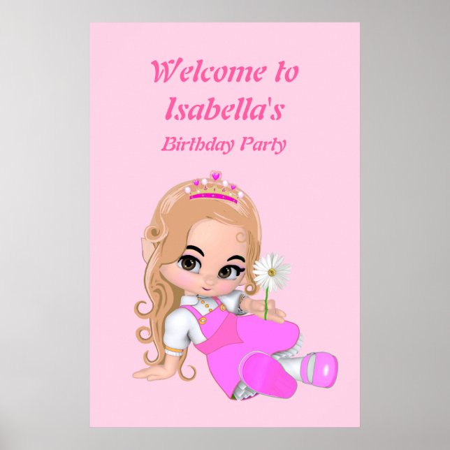 Affiche Jolie Fée Princesse Rose Fête d'anniversaire Fille (Devant)