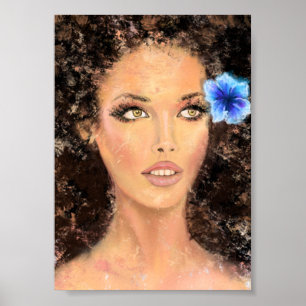 Affiche Jolie femme avec fleur bleue - Peinture originale 