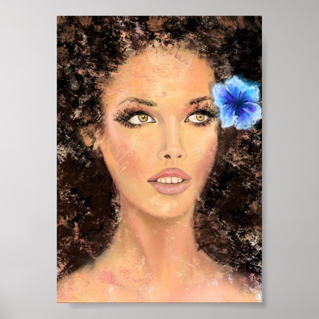 Affiche Jolie femme avec fleur bleue - Peinture originale  (Devant)