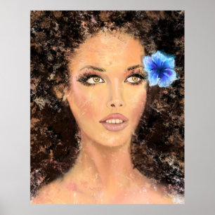 Affiche Jolie femme avec Fleur Bleue - Peinture originale
