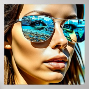 Affiche Jolie femme avec réflexion sur les lunettes de sol