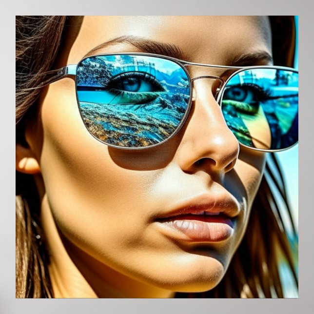 Affiche Jolie femme avec réflexion sur les lunettes de sol (Devant)