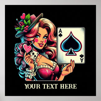Affiche Jolie femme de poker vintage ajouter du texte