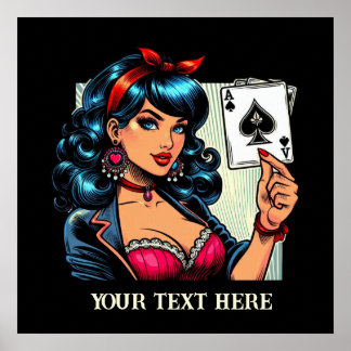 Affiche Jolie femme de poker vintage ajouter du texte