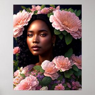 Affiche Jolie femme noire Fleurs roses Art numérique