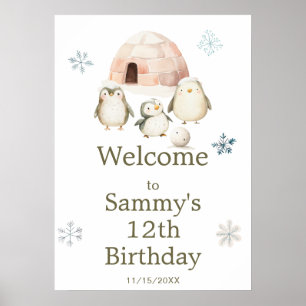 Affiche Jolie fête d'anniversaire des pingouins d'hiver