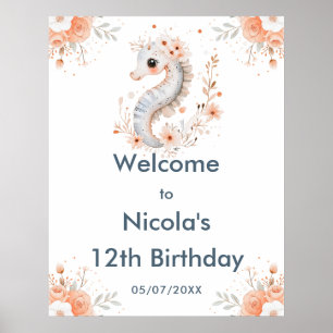 Affiche Jolie fête d'anniversaire licorne de mer florale B