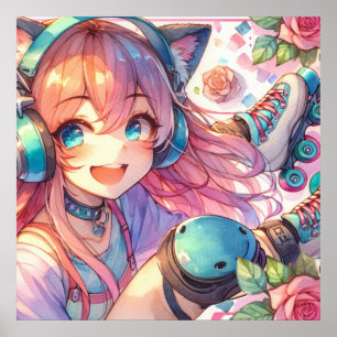 Affiche Jolie fille Anime en Roller skates