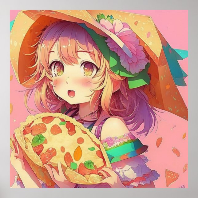 Affiche Jolie fille Anime tenant une pizza (Devant)