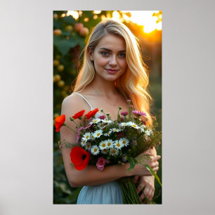 Affiche Jolie fille avec Bouquet de marguerites et de pavo
