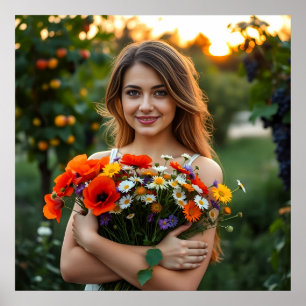 Affiche Jolie fille avec Bouquet de marguerites et de pavo
