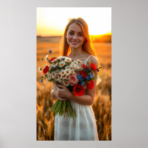 Affiche Jolie fille avec Bouquet de marguerites et de pavo