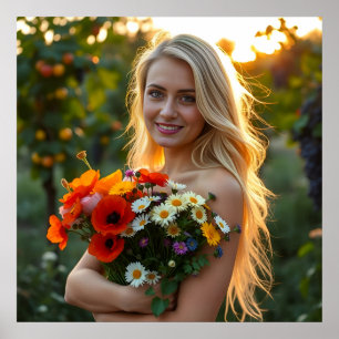 Affiche Jolie fille avec Bouquet de marguerites et de pavo