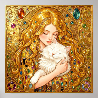 Affiche Jolie Fille Avec Chat Art Nouveau Style Gustav Kli