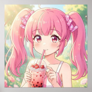 Affiche Jolie Fille d'Anime en Rose Buvant du Thé à Bulles