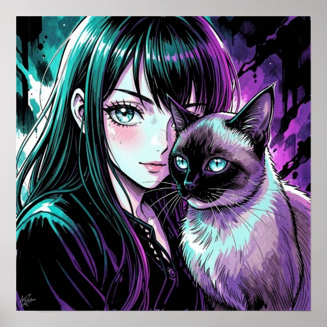 Affiche Jolie Fille d'Anime et Chat Siamois (Devant)
