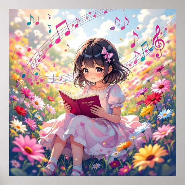 Affiche Jolie Fille d'Anime Lisant un Livre (Devant)