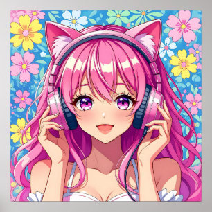 Affiche Jolie fille d'anime rose avec casque audio