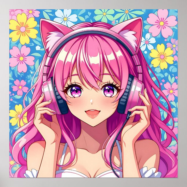 Affiche Jolie fille d'anime rose avec casque audio (Devant)