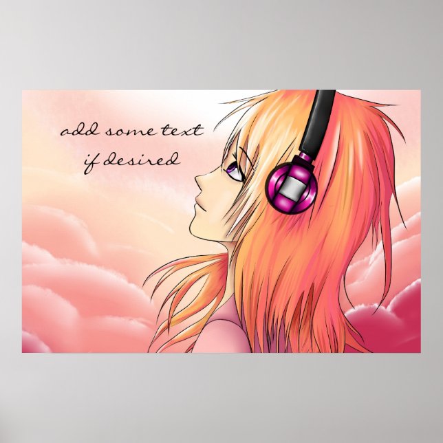 Affiche Jolie fille de dessin animé écoutant l'affiche de  (Devant)