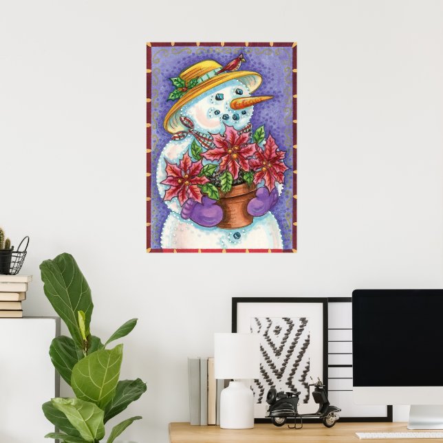 Affiche Jolie fille de Noël Snowman avec Poinsettia (Bureau à domicile)