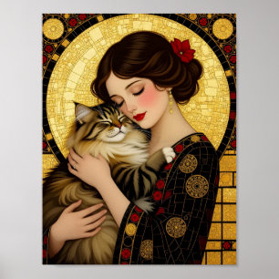 Affiche Jolie Fille et Chat Mignon Art Nouveau Gustav Klim