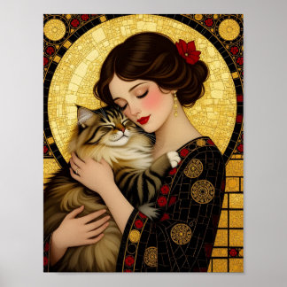 Affiche Jolie Fille et Chat Mignon Art Nouveau Gustav Klim