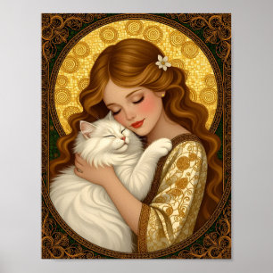 Affiche Jolie Fille étreint Chat Blanc Fluffy Art Nouveau