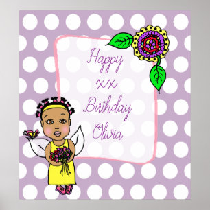 Affiche Jolie Fille Fée Afro-Américaine Joyeux Anniversair