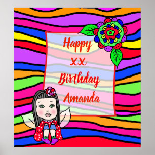 Affiche Jolie fille fée caucasienne Joyeux Anniversaire