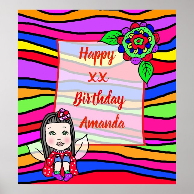 Affiche Jolie fille fée caucasienne Joyeux Anniversaire (Devant)