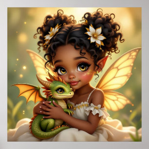 Affiche Jolie Fille Fée d'Anime et Dragon Chibi