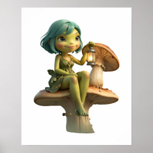 Affiche Jolie Fille Grenouille avec Lanterne sur Champigno