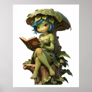 Affiche Jolie Fille Grenouille Lisant un Livre Sous une Fe