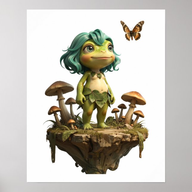 Affiche Jolie Fille Grenouille Parmi les Champignons avec  (Devant)