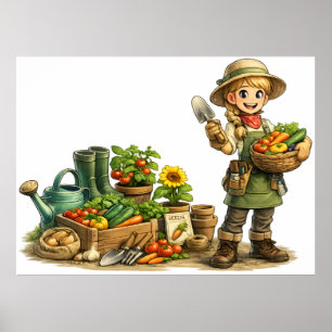 Affiche Jolie Fille Jardinière Récoltant des Légumes Art