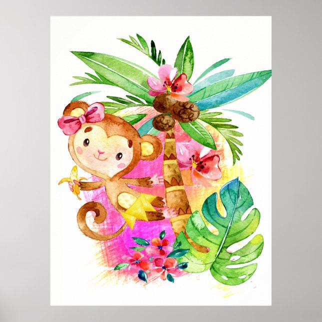 Affiche Jolie fille singe grimpant à l'arbre (Devant)