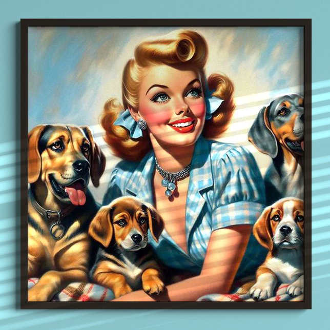 Affiche Jolie fille vintage avec chiots (Créateur téléchargé)