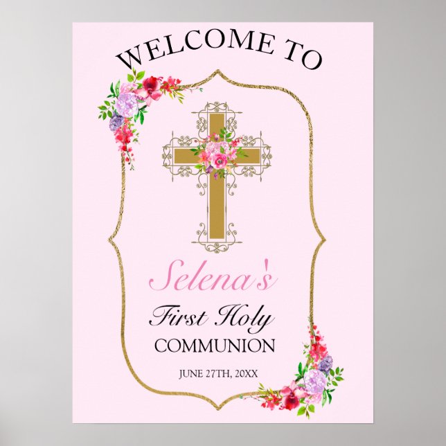 Affiche Jolie Filles Florales Roses 1ère Sainte Communion (Devant)