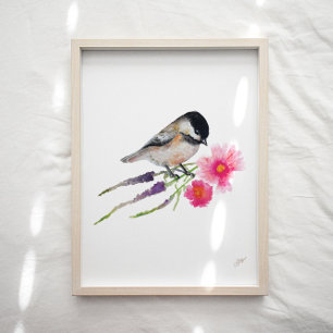 Affiche Jolie Fleurs d'Oiseaux de Chickadee Imprimer
