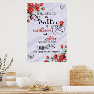 Affiche Jolie floral roses rouges Mariage Bienvenue